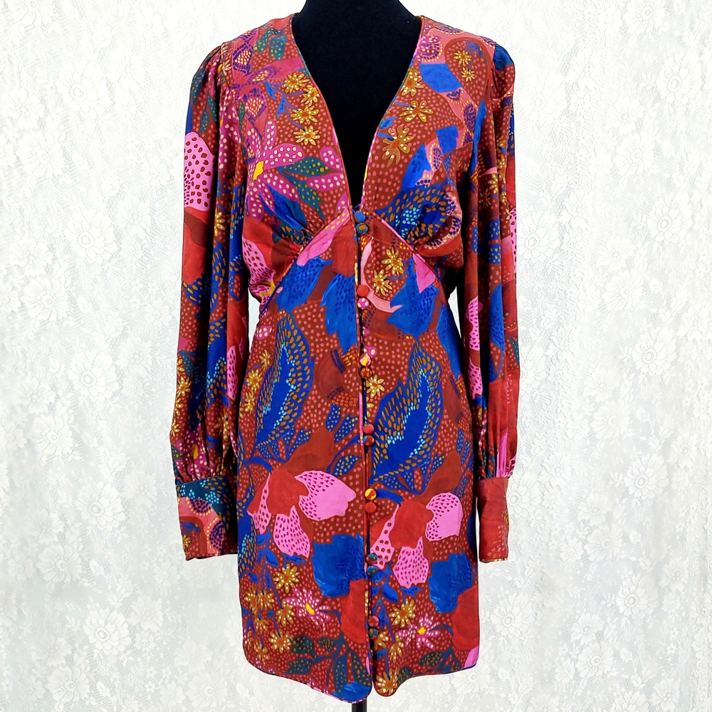 Farm Rio Red Wild Life Mini Dress with Long Puff Sleeves and a V-Neck